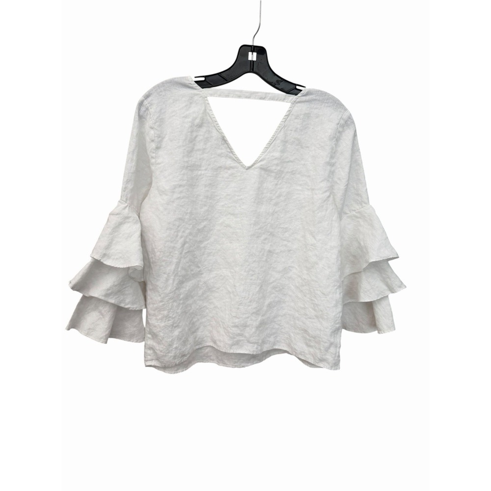 Neiman Marcus White Ruffle-Tiered 3/4 Sleeve 100% Linen Blouse Small #III17-1